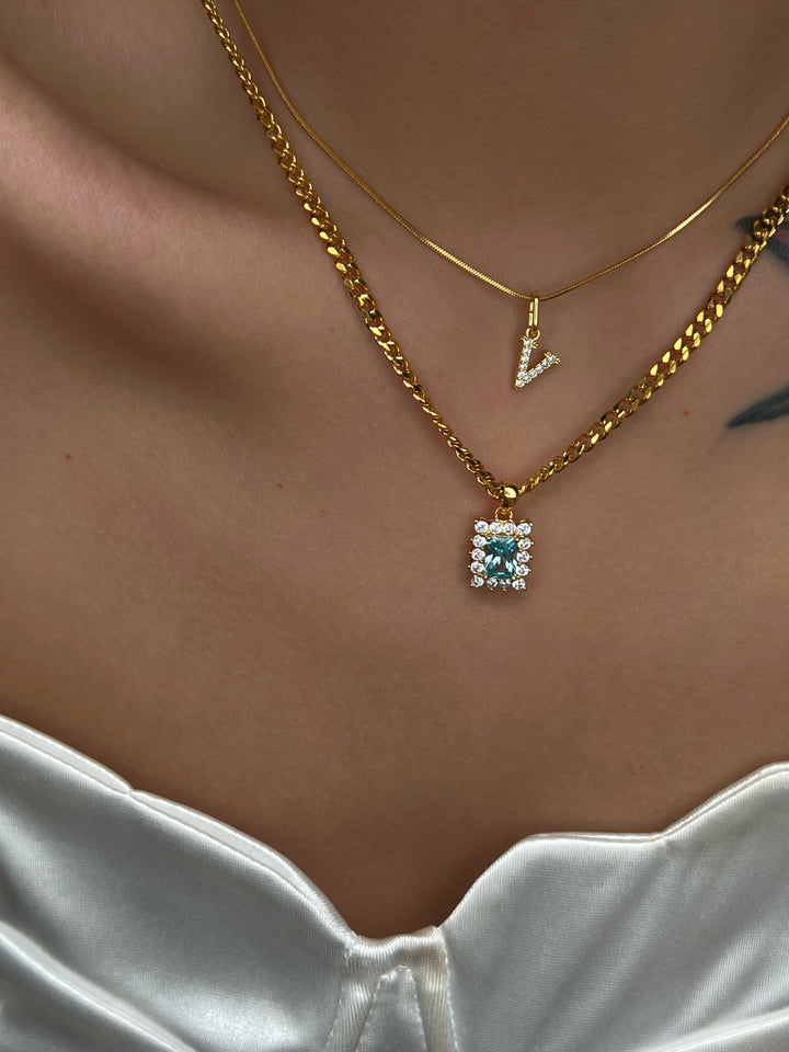 Square Zircon Emerald Navy Blue Titanium Steel Necklace