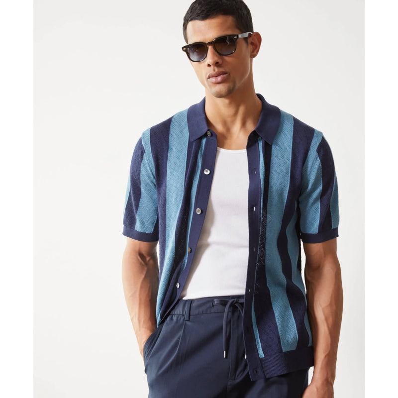 casual knitted stripe patchwork cardigan, view 2 - MRSLM