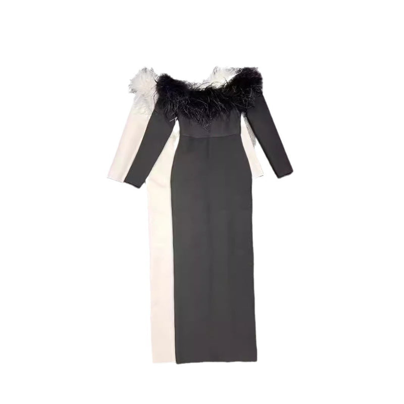 fur collar bandage dress, view 5 - MRSLM