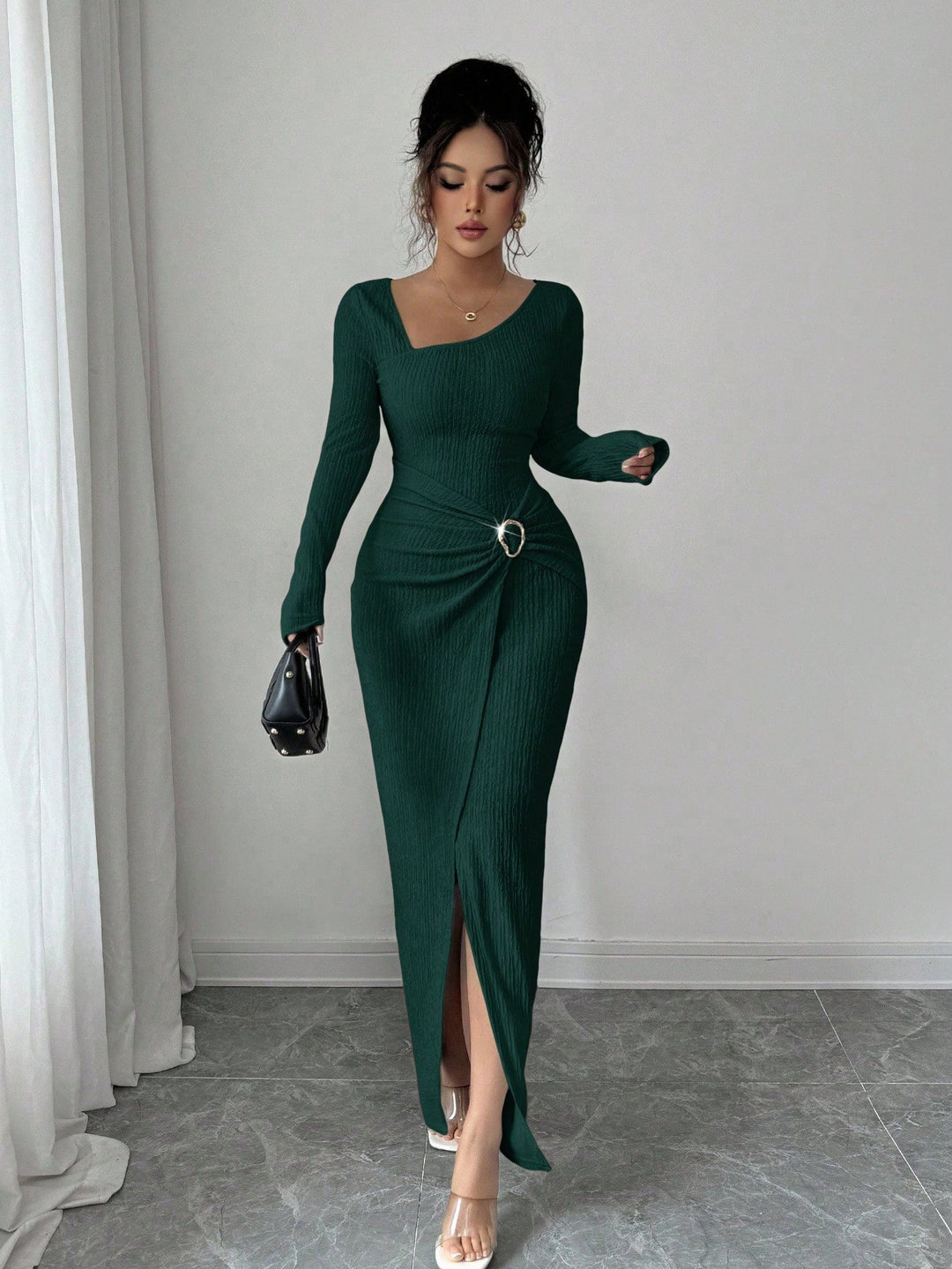 Autumn And Winter Irregular Neckline Solid Color Knitted Texture Long Dress For Women