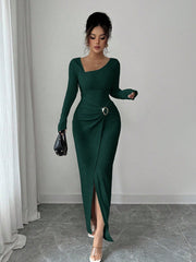 women's knit long dress with irregular neckline, view 7 - MRSLM