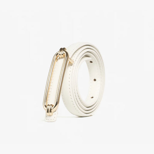women's skinny leather belt with gold buckle, view 2 - MRSLM