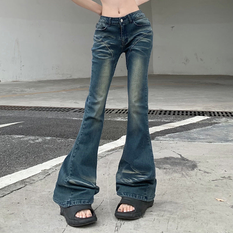Street Style Gradient Split Flared High Waist Skinny Washed Jeans