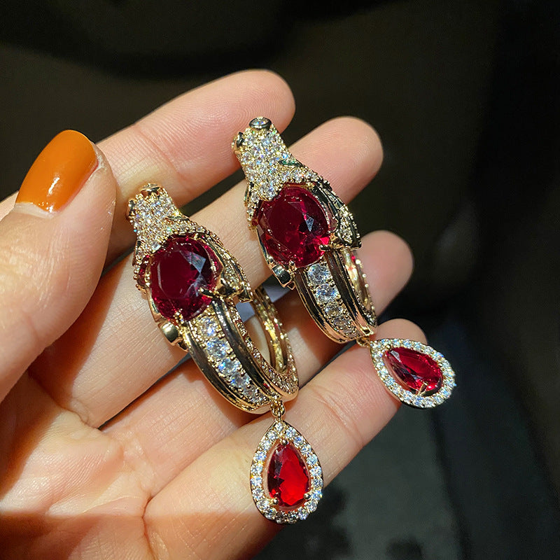 dragon ruby-red gold plated earrings, view 2 - MRSLM