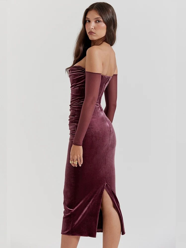 off shoulder velvet Christmas dress, view 6 - MRSLM