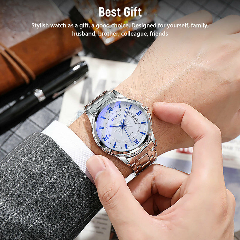 classic men's silver stainless steel quartz watch, view 3 - MRSLM
