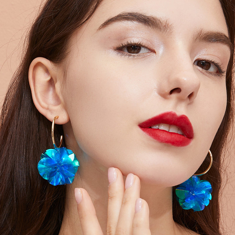 blue flower ball circle earrings - MRSLM