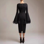 flared sleeve black dress, view 2 - MRSLM