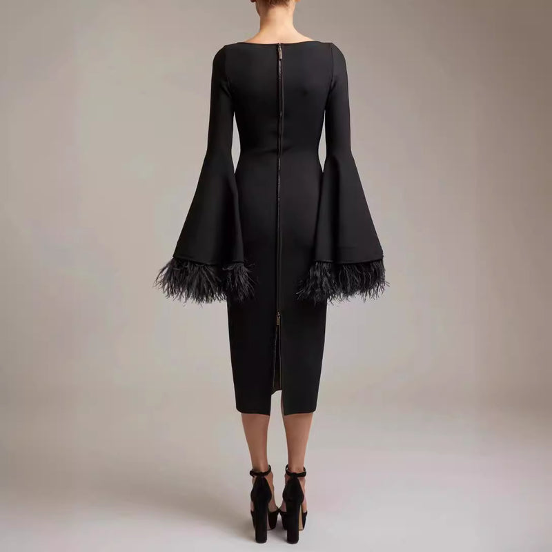 flared sleeve black dress, view 2 - MRSLM