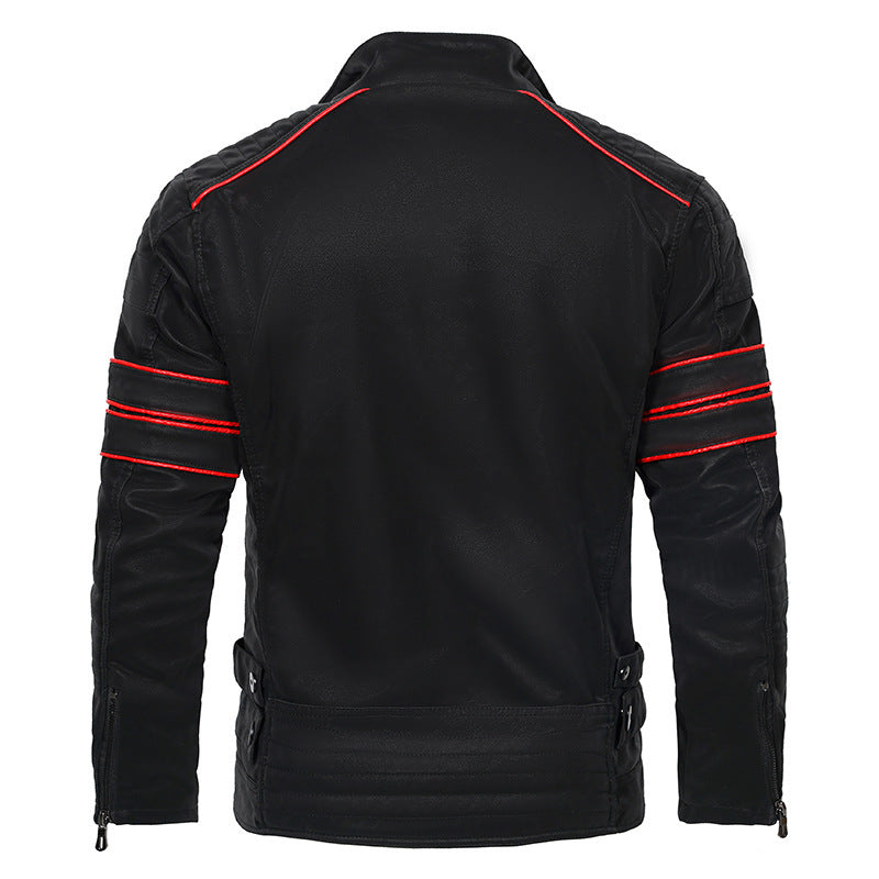 mens stand collar brushed pu leather jacket, view 3 - MRSLM