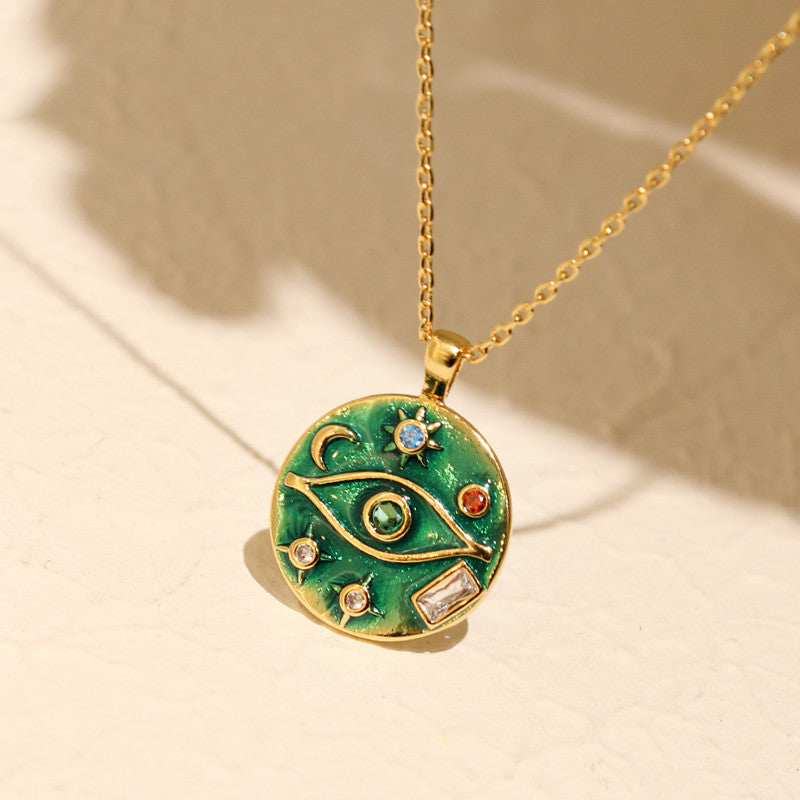 vintage green enamel pendant necklace, view 5 - MRSLM