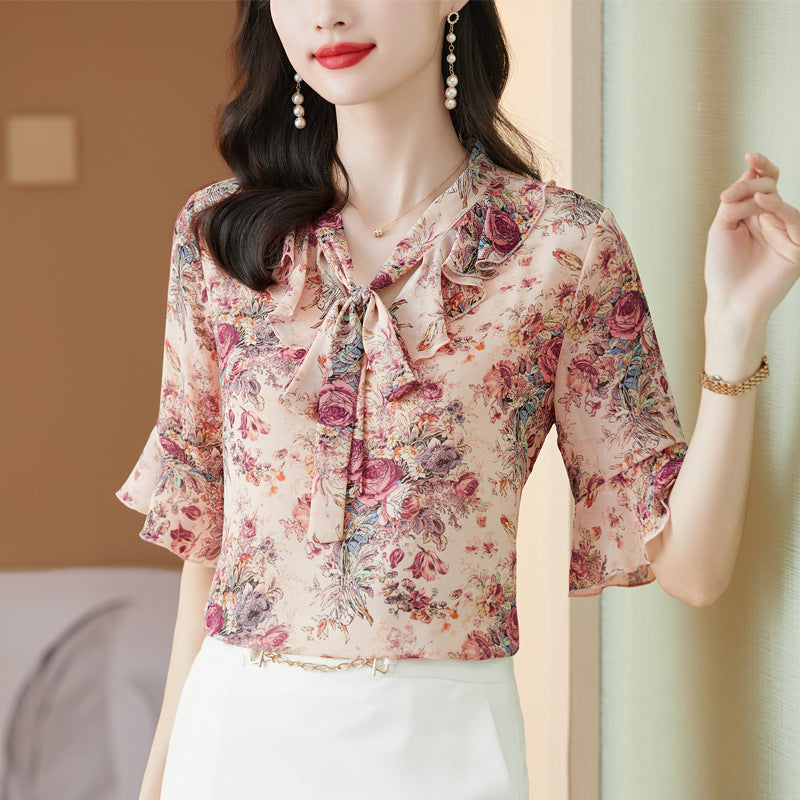 women's floral chiffon v-neck top, view 2 - MRSLM
