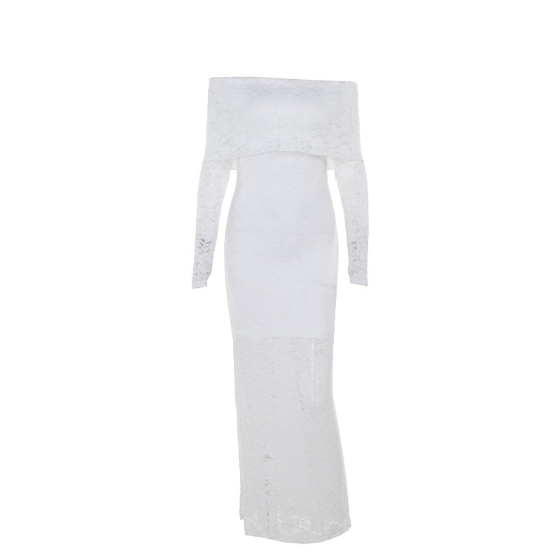 slim-fit off-shoulder lace dress, view 5 - MRSLM