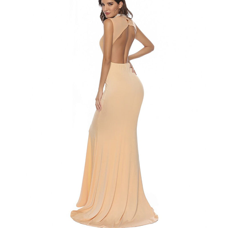 Champagne backless long evening dress, view 5 - MRSLM