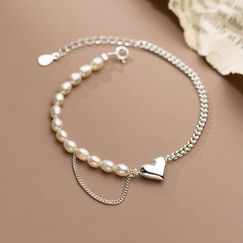 silver heart pearl chain bracelet - MRSLM