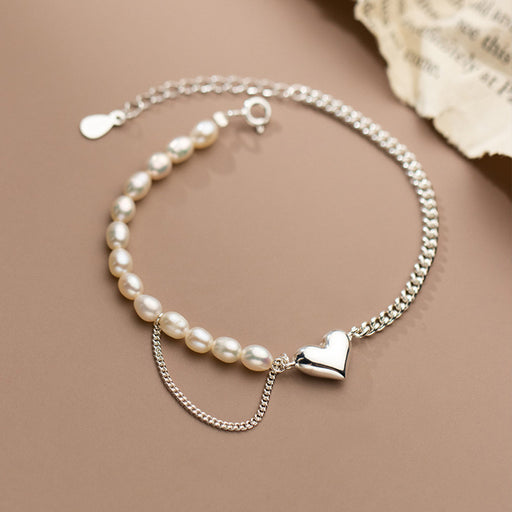 silver heart pearl chain bracelet - MRSLM