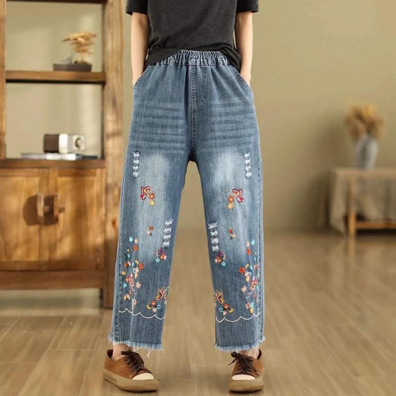 embroidered wide leg denim pants, view 2 - MRSLM