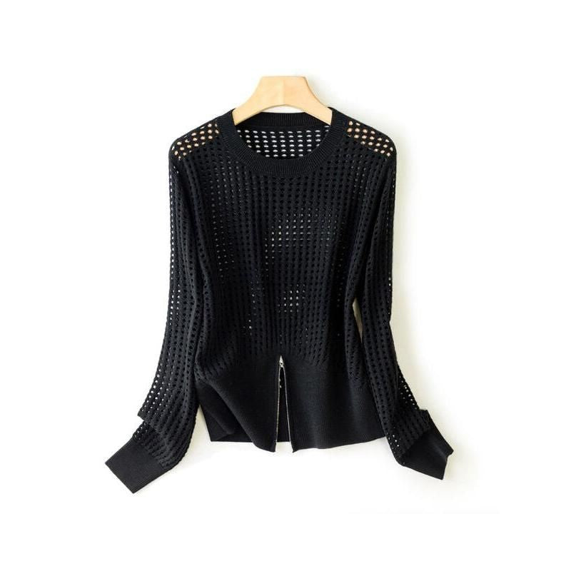 hollow out silk blend sweater, view 3 - MRSLM