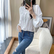 women's round neck lace white blouse, view 5 - MRSLM