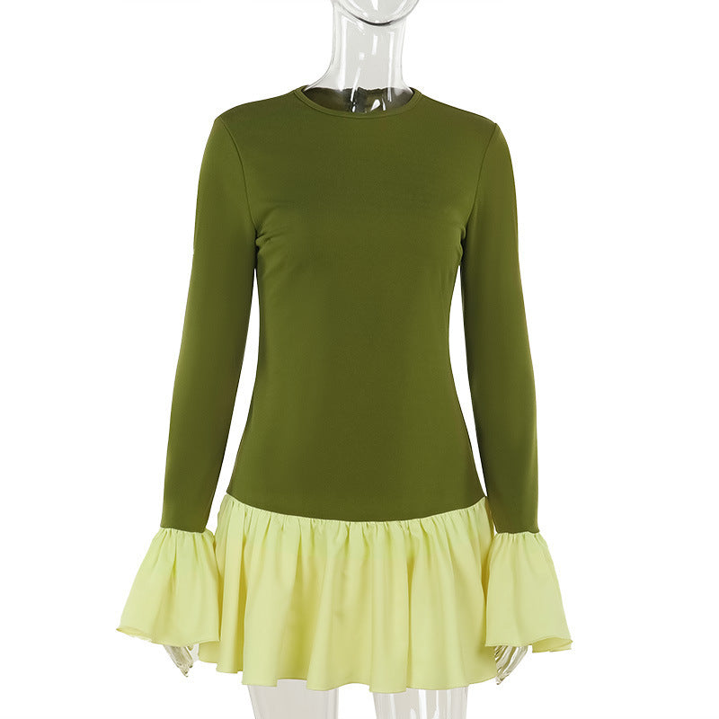 contrast color long sleeve swing dress, view 5 - MRSLM