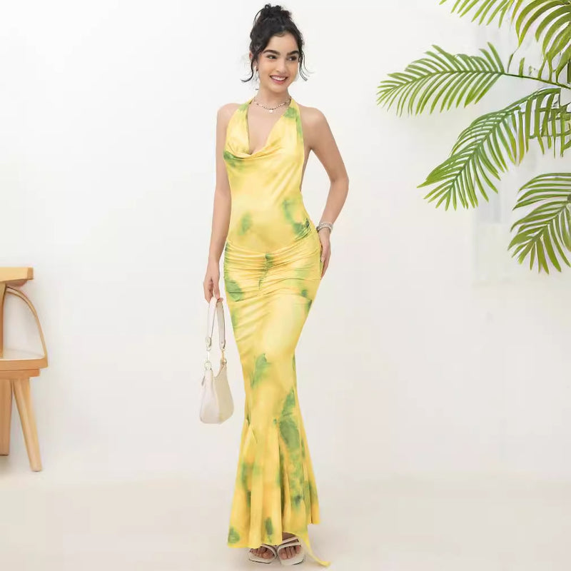 halter deep V printed long dress, view 4 - MRSLM