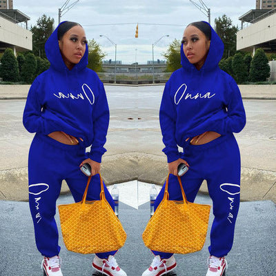 European And American Fashion Women's Wear Drawstring Printed Hooded Long Sleeve Trousers Two-piece Set