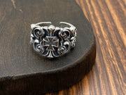 men's silver rattan flower open ring, view 5 - MRSLM