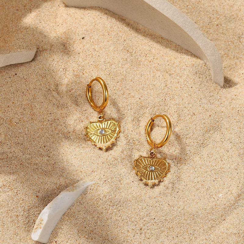 evil eye peach heart earrings, view 2 - MRSLM