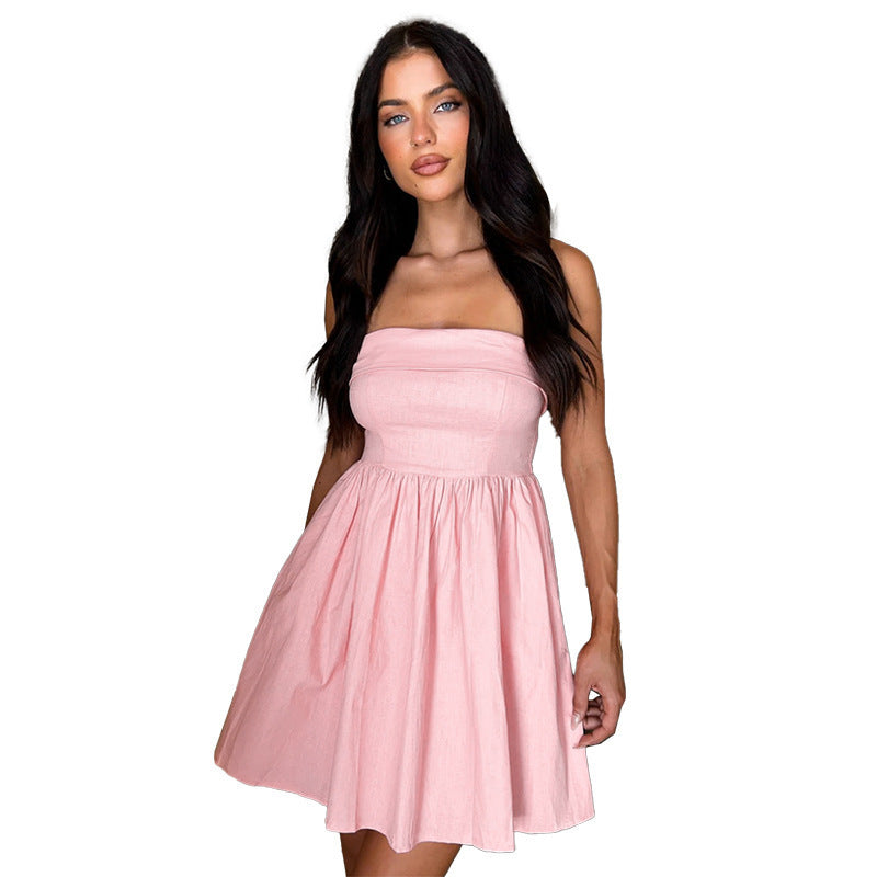 Slim fit short pink A-line dress, view 5 - MRSLM