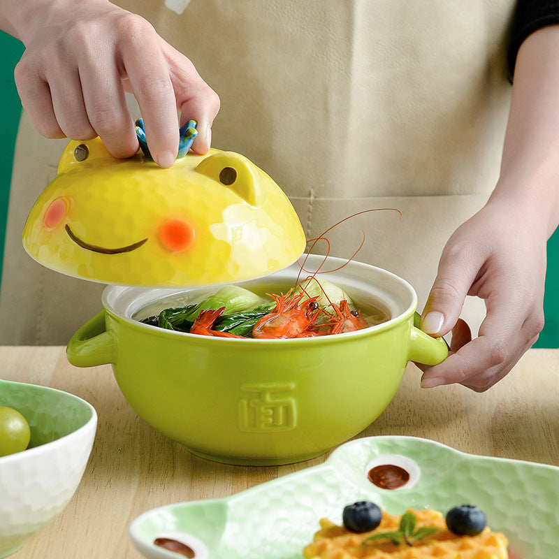 ceramic frog instant noodle bowl with lid, view 4 - MRSLM