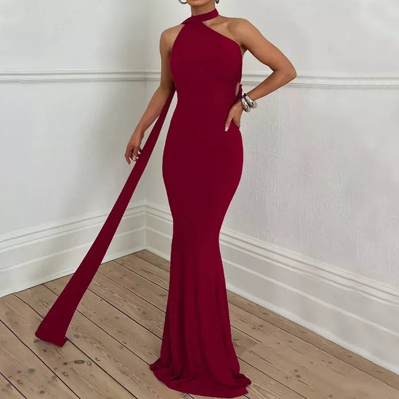 inclined shoulder maxi long dress, view 13 - MRSLM