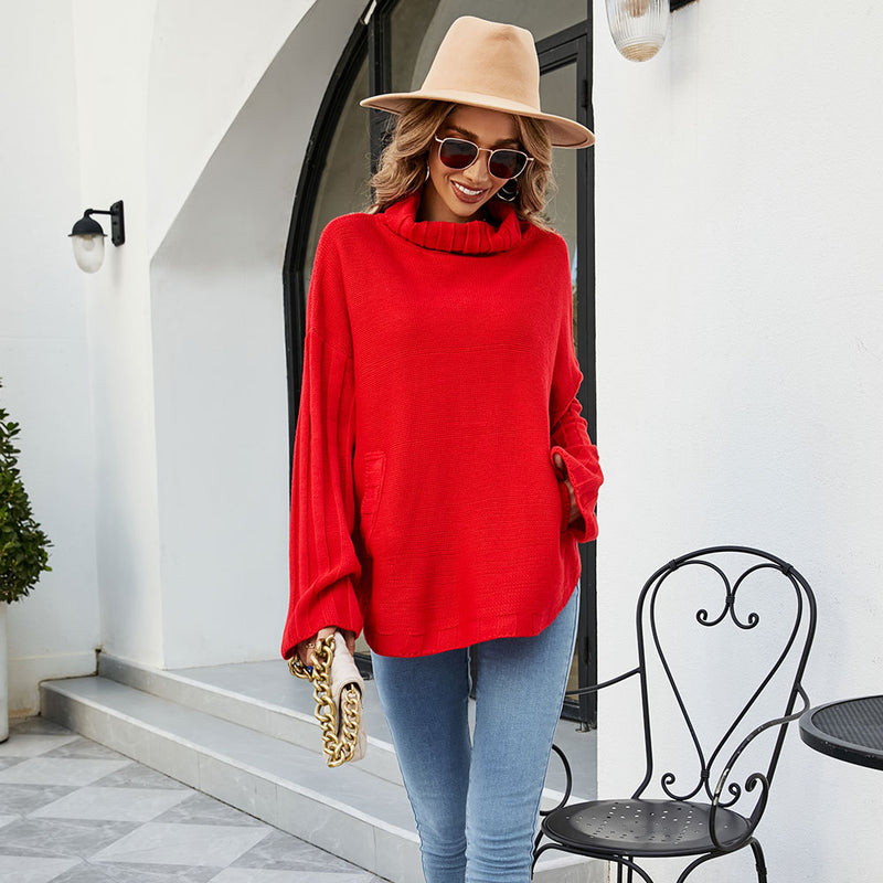 women's loose solid turtleneck knit sweater, view 10 - MRSLM