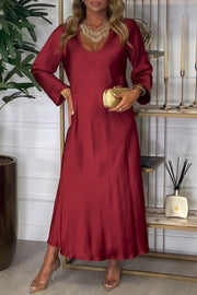 women's v-neck long sleeve solid color dress, view 6 - MRSLM