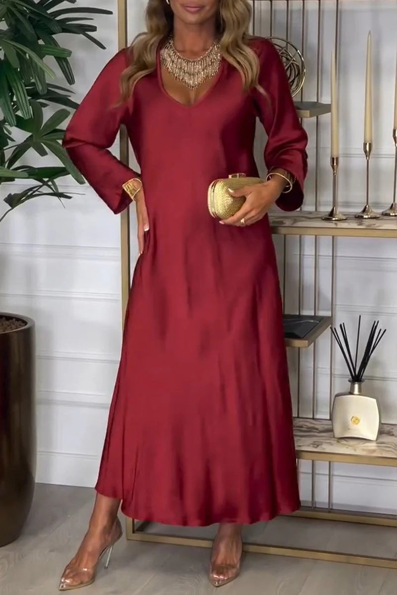 women's v-neck long sleeve solid color dress, view 6 - MRSLM
