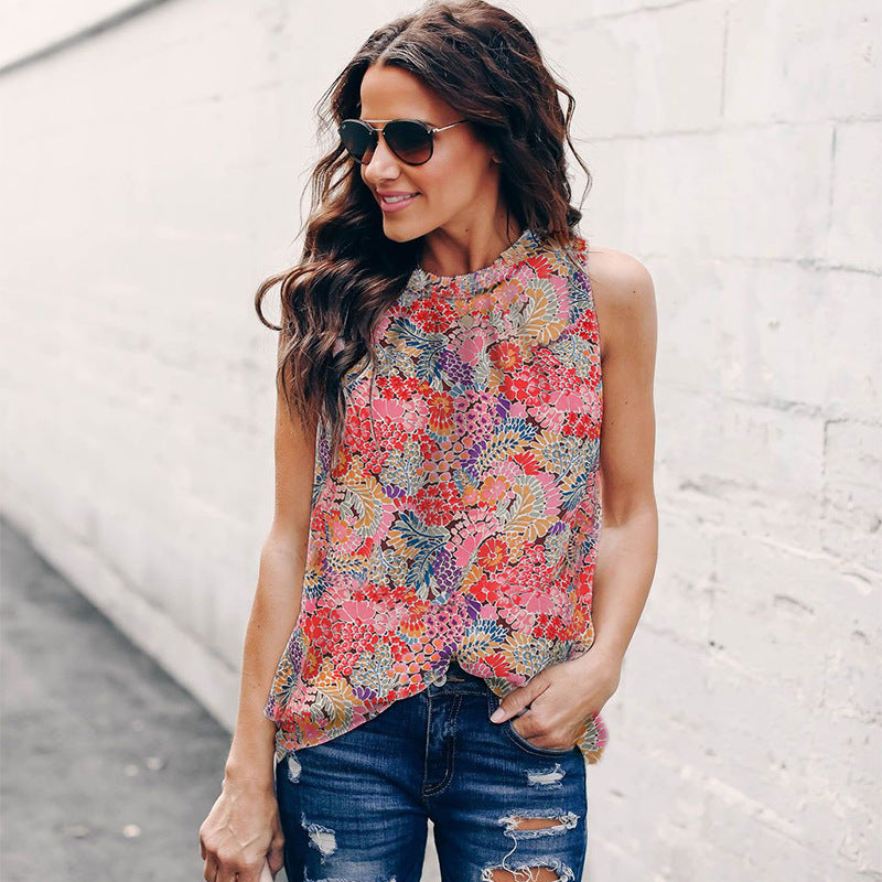 floral print sleeveless ruffle top, view 7 - MRSLM