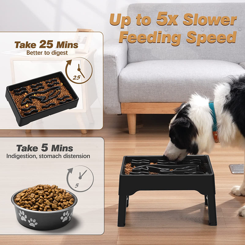 adjustable elevated dog bowls with slow feeder, view 5 - MRSLM