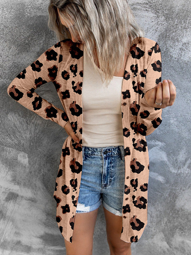 Long Leopard Print Long-sleeved Cardigan Loose Sweater