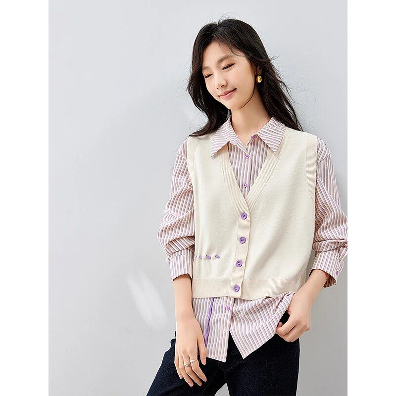 striped polo neck blouse and knitted vest set, view 5 - MRSLM