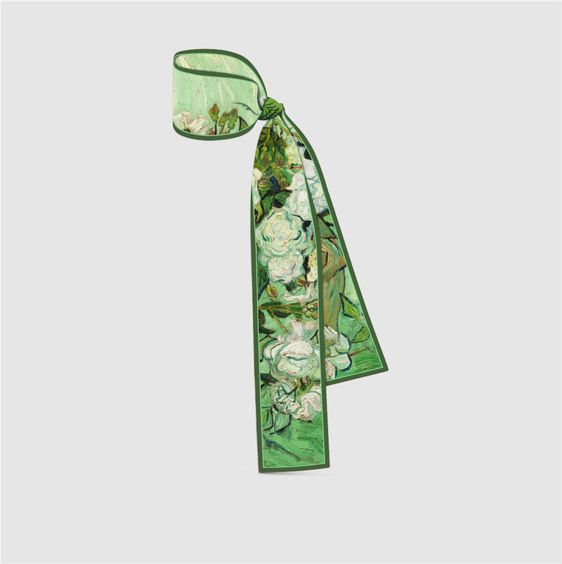skinny silk scarf with art print, view 7 - MRSLM