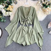 bell sleeve chiffon shirt and wide leg shorts set, view 3 - MRSLM