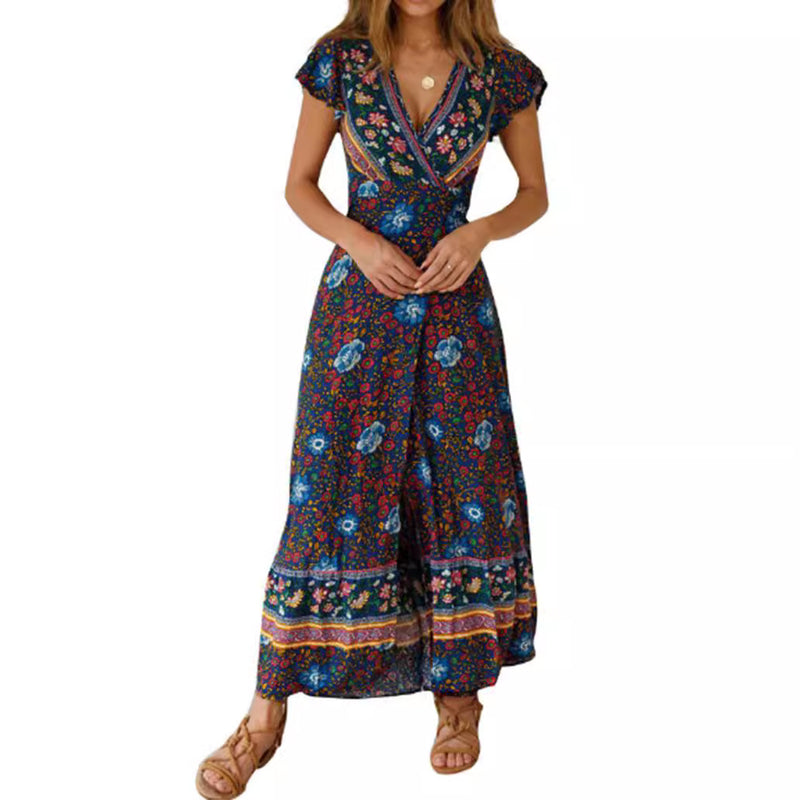v-neck split bohemian print dress, view 4 - MRSLM