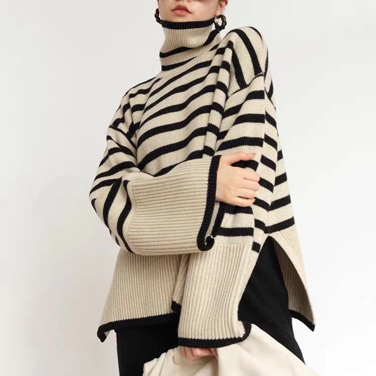 Women's Fashion Casual Loose Striped Turtleneck Sweater