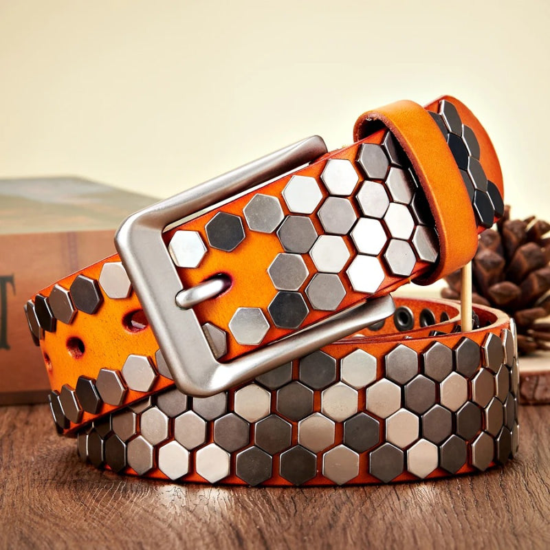 Wide rivet studded leather belt, view 2 - MRSLM