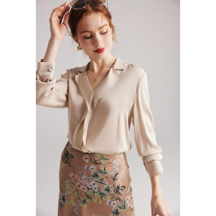 Elegant Ruffled V-Neck Silk Blouse