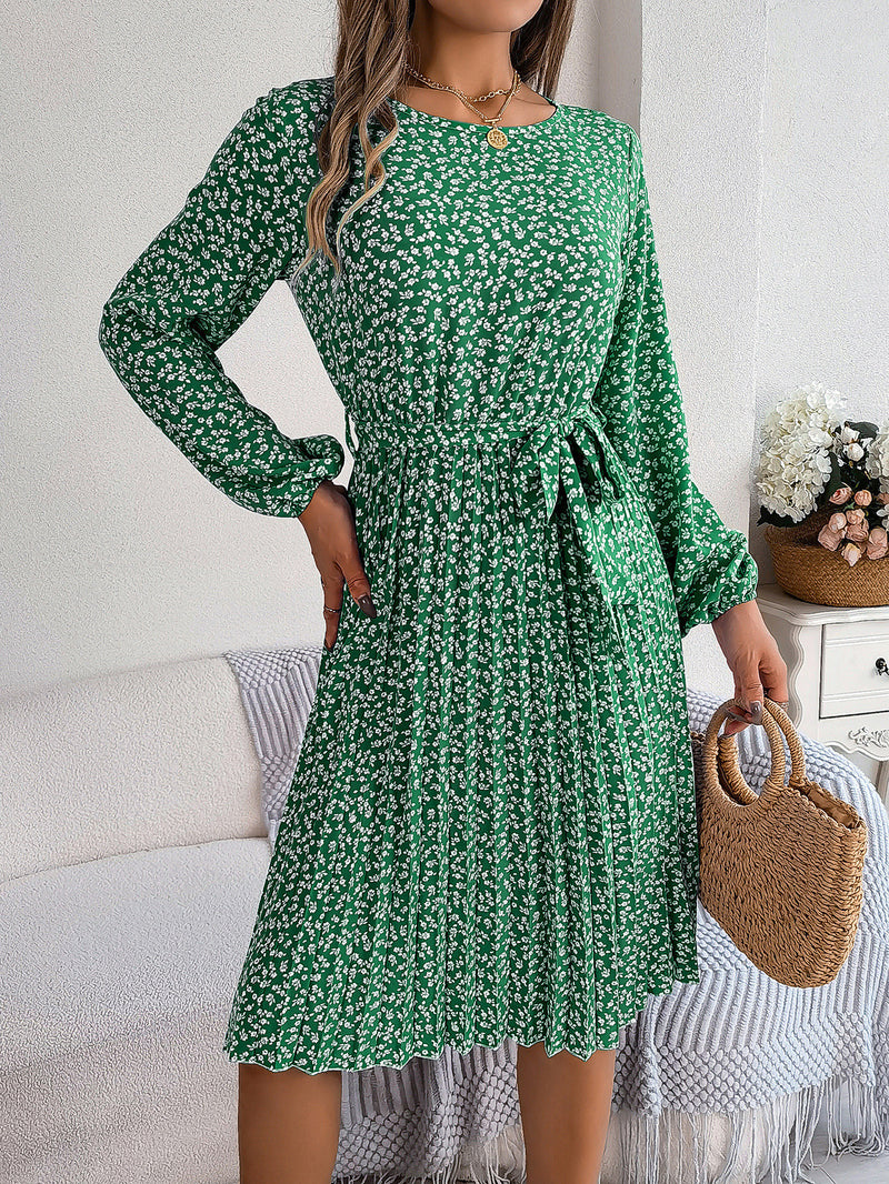 long-sleeved floral print pleated dress, view 4 - MRSLM