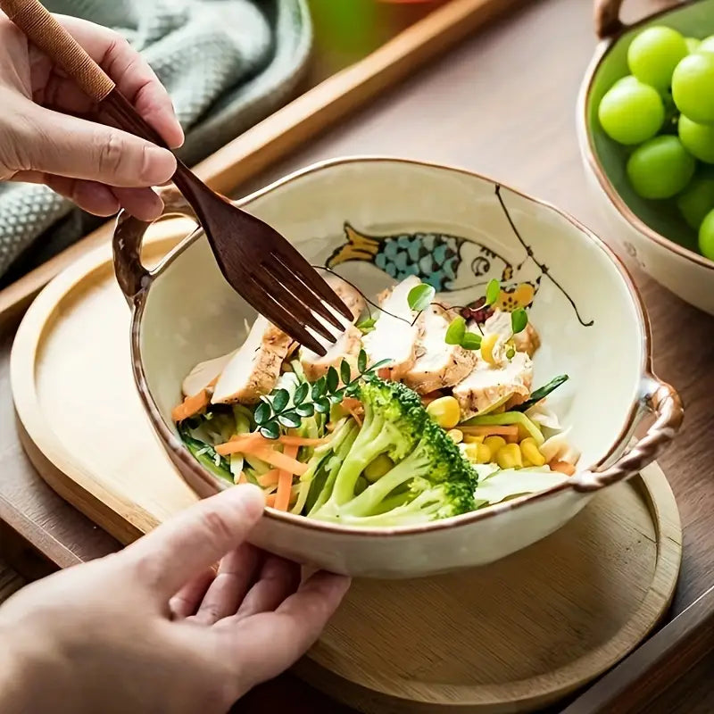 Cat design ceramic soup bowl with handle, view 7 - MRSLM