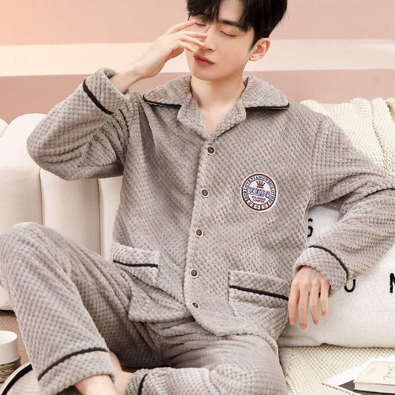 Men's flannel lounge robe cardigan set, view 7 - MRSLM