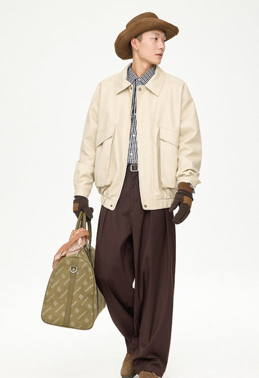 retro lapel pu leather jacket men, view 7 - MRSLM