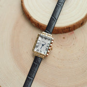 Women's rectangular leather strap antique watch, view 5 - MRSLM