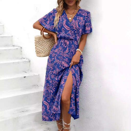 tropical print V-neck split dress - MRSLM